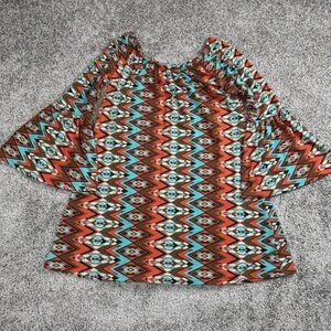Womens Boho Top Large Aztec Southwestern Western Bell Sleeve Festival‎ Wear